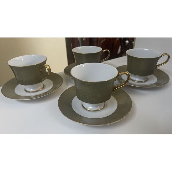 Set Of 4 Sango Versailles" 3632 Porcelain Footed Cup And Saucer Green/Gold-8 Pcs - Picture 1 of 16